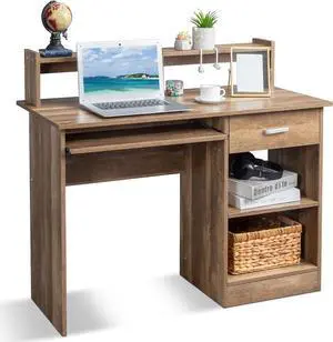 Karl home Computer Desk Study Writing Desk, Wooden Home Office Workstation PC Laptop Table with Drawer Shelf Keyboard Tray, Brown