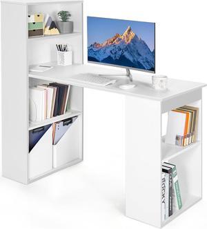 Giantex 48 Inch Computer Desk with Bookshelf, 3-in-1 Home Office Desk with 4-Tier Bookcase & CPU Stand, Space-Saving Reversible Writing Desk Work Table for Bedroom, Study Room, Office (White)