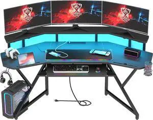 72" Gaming Desk with Power Outlet & Led Strip, Large Wing-Shaped Computer Desk w Monitor Stand & Keyboard Tray & RGB Mouse Pad, Studio Desk w Storage Shelf Headphone Hook Cup Holder 72" Gaming Desk with Power Outlet & Led Strip, Large Wing-Shaped Computer Desk w Monitor Stand & Keyboard Tray & RGB Mouse Pad, Studio Desk w Storage Shelf Headphone Hook Cup Holder