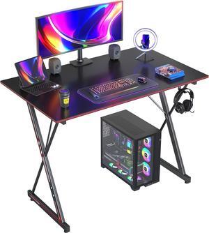 CubiCubi Gaming Desk 47 Inch PC Computer Desk, Carbon Fiber Home Office Desk Table Gamer Workstation, Simple Game Table with Headphone Hook, Black