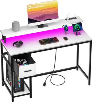 GreenForest Computer Desk with Drawers 47 inch,Gaming Desk with LED Lights & Power Outlets Small Desk with Monitor Stand and Reversible Shelf,White