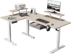 Radlove 63-Inch Large Electric Height Adjustable Computer L-Shaped Desk with Memory Controller Corner Standing Desk Modern Workstation with Splice Board Ergonomic Desk (White Frame + Oak Top) Radlove 63-Inch Large Electric Height Adjustable Computer L-Shaped Desk with Memory Controller Corner Standing Desk Modern Workstation with Splice Board Ergonomic Desk (White Frame + Oak Top)