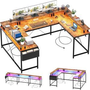 Jojoka U Shaped Computer Gaming Desk, Reversible L Shaped Desk with Power Outlets, LED Strip & Monitor Stand, Large Corner Desk with Storage Shelves for Home Office, Rustic Brown