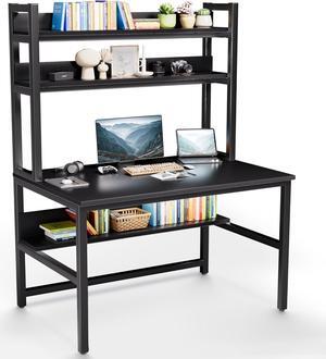 Aquzee Computer Desk with Hutch and Bookshelf, Black Home Office Desk with Storage Shelves, Easy Assemble and All Hardware and Tools Included