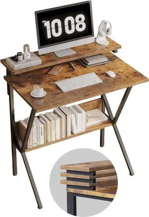 COTUBLR Small Desk, Small Computer Desk for Small Spaces, 27.5 Inch Computer Desk with Adjustable Monitor Stand, Compact Desk with Storage, Tiny Desk Study Desk for Bedroom Home Office, Rustic Brown