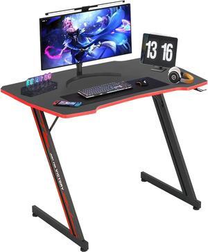 MGHH 39 Inch Gaming Desk Computer Desk Home Office Desk Z Shaped Ergonomic Simple PC Workstaion Gaming Table with Carbon Fibre Surface Headphone Hook Adjustable Leveling Foot for Gamer Player,Red