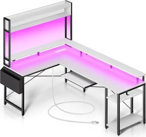 L Shaped Gaming Desk with Power Outlets & LED Lights, Reversible Computer Desk with Keyboard Tray, Storage Shelves, Monitor Stand & Hutch for Home Office, White