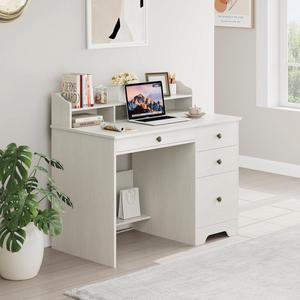 TTVIEW Computer Desk with Drawers and Hutch Shelf, Wood Executive Desk Writing Study Table with 43 Wide Tabletop, Small Desk with File Drawer for Home Office Bedroom, White Oak
