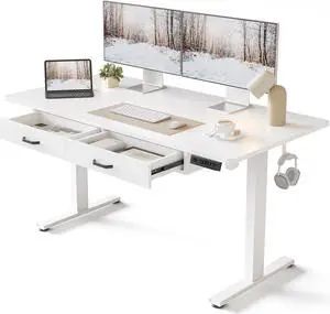 55 x 24 Inches Standing Desk with Double Wooden Drawers, Adjustable Height Electric Standing Desk, Stand Up Home Office Desk with Splice Tabletop, White Frame/White Top