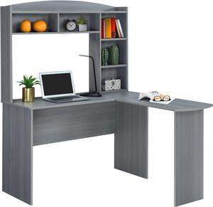 Modern L-Shaped Computer Desk with Hutch and Bookshelves, Home Office Desk, Gray