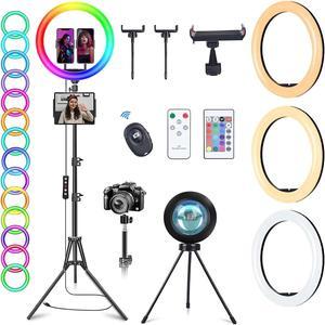 13" RGB Ring Light with 63" Stand and 2 Phone Holders, Tablet iPad Holder, Sunset Lamp, 51 Color Modes Selfie Ringlight with Desk Tripod, Halo Ring Light for TikTok/Live Stream/Makeup/YouTube