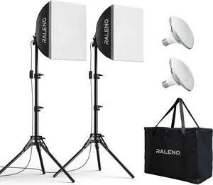 RALENO® Softbox Lighting Kit, 2 x 16'' x 16'' Photography Studio Equipments with 50W / 5500K / 90 CRI LED Bulbs, Continuous Lighting System for Video Recording and Photography Shooting