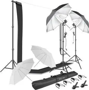 Photography Umbrella Continuous Lighting Kit,Muslin Backdrop Kit(White Black), Backdrop Clips Clamp,10ft Photo Background Photography Stand System for Photo Video Studio Shooting
