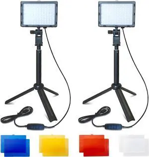 Fugetek LED Video Lighting Kit, 2-Pack, Portable, Adjustable Low Angle, USB Powered, Desktop Tripod Stand 10-20, Dimmable, 4 Color Filters, Photos, Game Streams, Zoom, YouTube