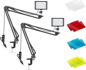 Video Conference Lighting Kit for Zoom Call Meeting/Remote Working/Self Broadcasting/YouTube Video/Live Streaming: 2-Pack Dimmable 5600K LED Video Light with Scissor Arm Stand & Color Filters