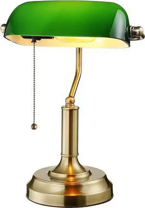 TORCHSTAR Green Glass Bankers Desk Lamp, UL Listed, Antique Desk Lamps with Brass Base, Traditional Library Lamp with Pull Chain, E26 Base, Vintage Desk Lamp for Office, Study Room