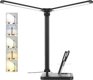 Desk Lamp, Dual Head, Dimmable Bedside Lamps with USB Charging Port, 5 Light Modes x Adjustable Brightness, Touch Control, Led Desk Light for Reading,Crafting,Work,Study (Black)