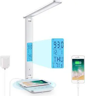 LAOPAO LED Desk Lamp with Wireless Charger, USB Charging Port, Adjustable Foldable Table Lamp with Clock, Alarm, Date, Temperature, 5-Level Dimmable Lighting, Office Lamp with Adapter, White