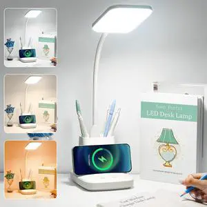 GOLSPARK Desk Lamp with Wireless Charger, LED Desk Lamps for Home Office Eye-Caring CRI 85+, 3 Color Modes, Stepless Dimming Touch Table Lamp, Study Small White Lamp with Pen Holder for College Dorm