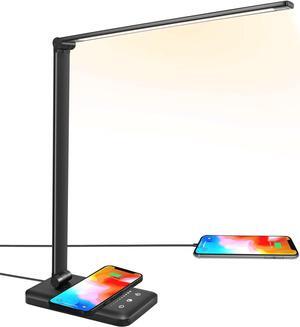 LED Desk Lamp with Wireless Charger, USB Charging Port, 10 Brightness, 5 Color Modes, Desk Lamps for Home Office, Dimmable Table Lamp Eye Caring Reading Light, Touch Control, Auto Timer, Black