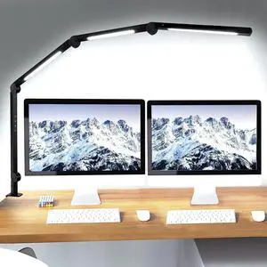 LED Desk Lamp with Clamp Flexible 4 sections Swing Arm Three light sources desk light, 4 Color Modes & 5 Brightness, Eye Caring Led table light with Memory Function for table lamps for office