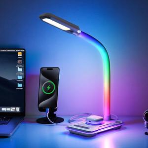 WILIT Gaming Desk Lamp, LED Desk Lamp with Wireless Charger&USB Charging Port, RGB Color Changing Touch Control Table Lamp with Dimmable 3 Color Temperature, Desktop Lamp for Home Office