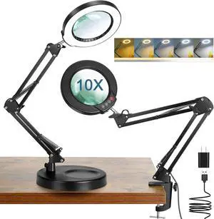 10X Magnifying Glass with Light and Stand, 5 Color Modes Stepless Dimmable 2-in-1 Lighted Magnifier with Clamp, LED Desk Lamp Hands Free for Craft Hobby Reading Painting Sewing Close Work