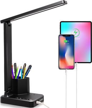 Desk Lamp,Desk Lamps for Home Office,COZOO LED Desk Lamp with 2 USB Charging Ports,2 Pen Holders,1 Outlet,3 Color 3 Brightness Levels,Touch/Memory/Timer,LED Desk Light Small Desk Lamp Kids Study Lamp