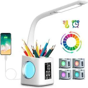 LED Desk Lamp with Clock,Color Changing Nightlight,Study Lamp with Pen Holder,Desk Light with USB Charger,Table Light for Home,Office,Bedroom,Gift for Kids,Students,Women,White LED Desk Lamp with Clock,Color Changing Nightlight,Study Lamp with Pen Holder,Desk Light with USB Charger,Table Light for Home,Office,Bedroom,Gift for Kids,Students,Women,White