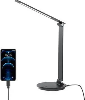 LED Desk Lamp with USB Charging Port, Touch Control Dimmable Office Lamp, 5 Color Modes 6 Brightness Levels Eye-Caring Table Lamp for Home Office Bedroom Reading Study, Black
