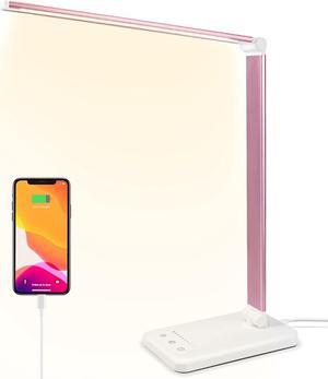 Led Desk Lamp, Desk Lamp with USB Charging Port, 5 Color Modes, 10 Brightness, Natural Light, Eye Caring Reading Lamp, Desk Light for Home Office, Table Lamp, Touch Control, Auto-Timer, Pink