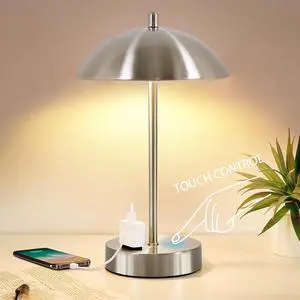 Modern Desk Lamp with AC Adapter, 3-Way Dimmable Touch Bedside Reading Lamp, Minimalist Silver Small Nightstand Table Lamp with Mushroom Dome Shade for Bedroom Living Room Office, Bulb Included