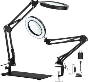 10X Magnifying Glass with Light and Stand, 2-in-1 Any Color Modes & Stepless Dimming Magnifying Lamp with Clamp, Real Glass Lens LED Magnifier Lamp for Reading, Repair, Hobby, Close Work-Black