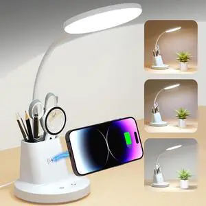 Sailstar Desk Lamp for Home Office, Small Desk Lamp with Wireless Charger & Pen Holder, Cute Desk Lamp LED Dimmable Touch 3 Lighting Modes Memory, Gooseneck White Desk Light for College Dorm Room
