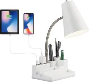 E26 Desk Lamp with 1 USB Charging Port and 1 AC Outlet, Organizer Base, Adjustable Neck, On/Off Switch, Modern Table Lamp for Reading, Working, Studying, Gentle Warm White Light, Eye Protect