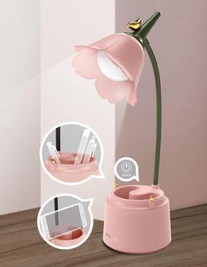 Pink Desk Lamp, Rechargeable LED Lamp with USB Charging Port, Kawaii Desk Accessories, 3 Color Modes & Stepless Dimming, Cute Lamp for College Dorm Bedroom Reading