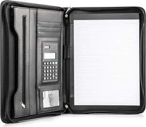 Black Superior Vegan Leather Business Portfolio with Zipper  Padfolio All-in-One. Smartest Protective 10.1 Inch Tablet Sleeve, Presentation Slot, Solar Calculator, Card Storage, Writing Pad