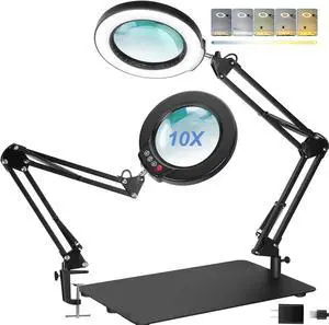 10X Magnifying Glass with Light and Stand, Large Base Magnifying Desk Lamp with Clamp, 5 Color Mode Stepless Dimming LED Lighted Magnifier Hands Free for Detail Work Craft Reading Repair Cross Stitch