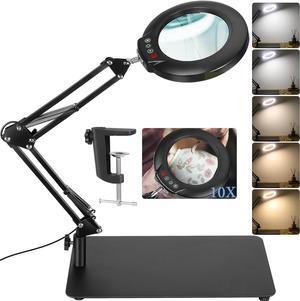 10X Magnifying Glass with Light and Stand, 2-in-1 LED Magnifying Desk Lamp with Clamp, 5 Color Modes Stepless Dimmable, Lighted Magnifier Hands Free for Painting Sewing Craft Close Work