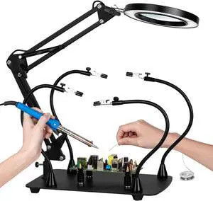 10X Magnifying Glass with Light and Stand, KUVRS 2200 Lumen 3 Color Stepless Dimming LED Lighted Magnifier Light, 4 Magnetic Pillar & Gooseneck Magnifying Desk Clamp Lamp for Craft Electronic Project