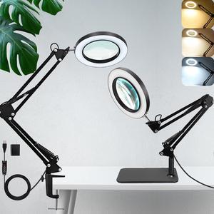 Magnifying Glass with Light and Stand, 10X Magnifying Lamp with Clamp, 3 Color Modes Stepless Dimmable Desk Lamp, 2-in-1 Adjustable Swing Arm Lighted Magnifier Lamp for Reading, Craft