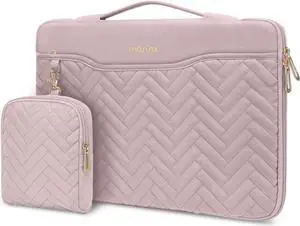 MOSISO 13-14 inch 360 Protective Laptop Sleeve Compatible with MacBook Air/Pro, 13-13.3 inch Notebook, Compatible with MacBook Pro 14, Rectangle Quilted Bag with Handle&Pocket&Small Case&Belt, Pink