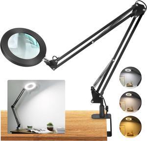 Large 10X Magnifying Glass with Light, 5 in Real Glass Stand Lighted Magnifier, 3 Color Modes Steepless Dimmable LED Magnifying Desk Lamp with Clamp, Hands Free for Close Work Crafts Hobby