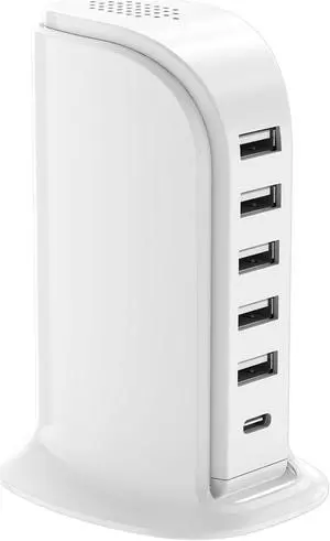 Charging Station for Multiple Devices Upoy, Multi USB Tower Hub with 5 USB+1 Type C Ports, USB C Charger Block Fast Charging for Apple/Samsung/Android Gadgets, Cute Home Office Desk Accessories