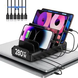 280W USB C Charging Station for Multiple Devices, 8 Port Multi Charger Station for MacBook iPhone 15 Phone iPad Tablets Black (6 Mixed Short Cables Included)