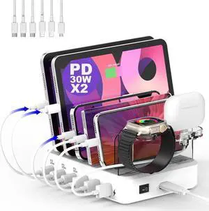 Charging Station for Multiple Devices-100W 6 Port Charger Station with 3 PD USB-C Fast Port, 6 Short Cables, Charging Dock Designed for Apple iPhone iPad Android (Watch Charger NOT Included) Charging Station for Multiple Devices-100W 6 Port Charger Station with 3 PD USB-C Fast Port, 6 Short Cables, Charging Dock Designed for Apple iPhone iPad Android (Watch Charger NOT Included)