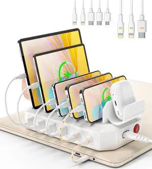 95W 6-Port USB Charging Station for Multiple Devices, HSicily 2 PD Ports USB C Fast Charging Dock Compatible with MacBook Phones iPad Kindle Tablets (8 Cables&2 Stands Included)