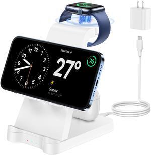 3 in 1 Charging Station for Apple Products - Wireless Charging Station for Multiple Devices, Phone and Watch Charger Dock with Stand for iPhone 14/13/12/11 Pro Max/XR/ 8 Plus and Airpods iWatch, White