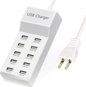 USB Charger,5V 10A(50W) USB Charging Station with 10-Port Family-Sized Smart USB Ports for iPhone 15/15 Pro/15 Pro Max/15 Plus/14/13/12/11/Xs Max/XR/X/SE White