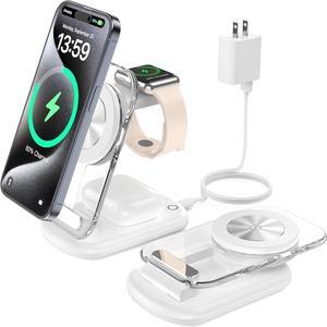 3 in 1 Wireless Charging Station for Mag-Safe, Foldable Adjustable Magnetic Wireless Charger, Travel Mag-Safe Charger Stand with Light for iPhone 15/14/13/12 Series, AirPods 3/2/Pro, Apple Watch